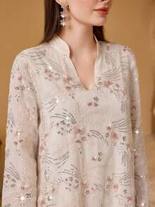 Layrah 女士新款奢华串珠网纱拼接亮片刺绣水晶薄纱双层V领纹理花卉亮片刺绣纹理面料阿拉伯风格连衣裙 - 杏色 - 查看 5