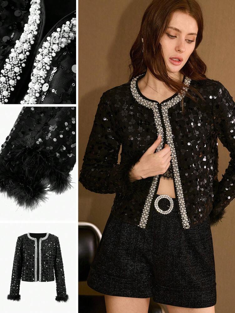 FASHIONABLE FAUX PEARLS, SEQUIN, BEAD, EMBROIDERY & FEATHER DETAIL OPEN FRONT JACKET