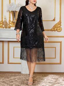SHEIN Clasi 大码串珠刺绣流苏派对礼服，复古 1920 年代盖茨比风格流苏连衣裙，黑色亮片流苏连衣裙 - 黑色 - 查看 3