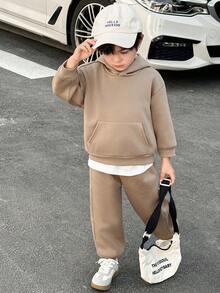 SHEIN Young Boys Casual Hooded Long Sleeve Embroidered Sweatshirt And Sweatpants Set - Army Green - View 5