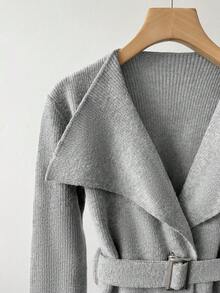 GlowEve 女式束腰翻领长袖针织开衫，优雅设计，高品质，纽扣式 - 灰色 - 查看 6