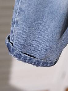 SHEIN 2 件套年轻男孩时尚套装：橄榄绿色针织圆领长袖运动衫和仿口袋牛仔长裤休闲装，适合日常穿着、上学、旅行、度假、休闲、夏季 - 墨綠色 - 查看 4