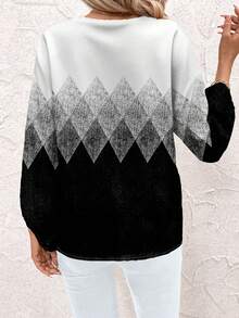 EMERY ROSE 浪漫休闲黑白渐变菱形几何印花加大码女式秋冬宽松V领灯笼袖衬衫，黑色上衣，适合新年穿着 - 彩色 - 查看 2