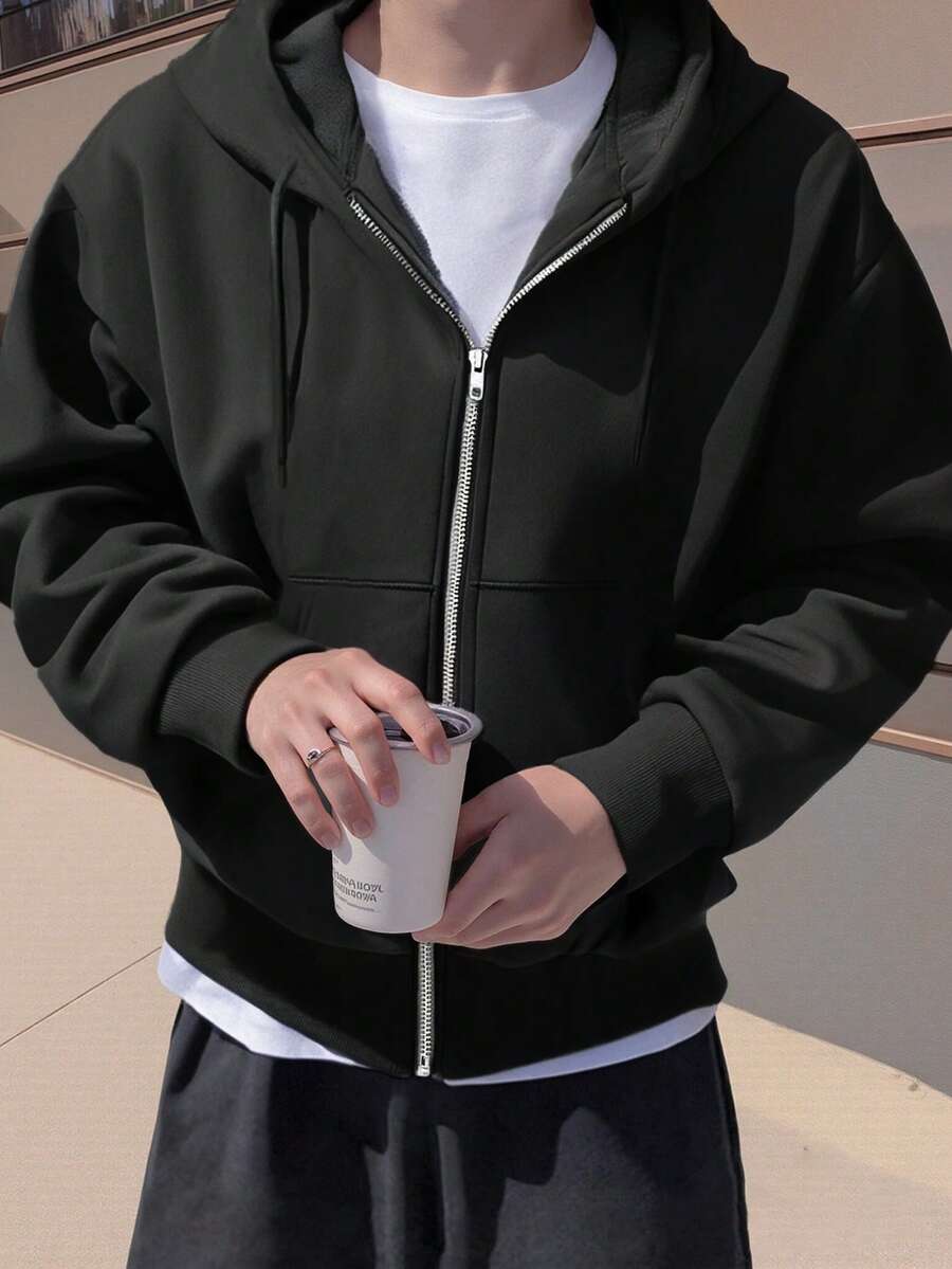 Claim Dot Plus Size Men's Casual Zip-Up Jacket, Long Sleeve Sportswear Outerwear - Black - View 1