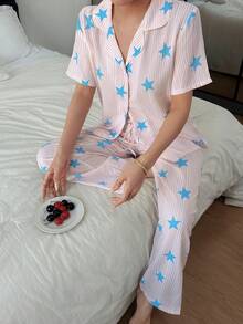 SHEIN Bộ đồ ngủ cardigan ve áo sọc sao dành cho nữ - Màu xanh lam - Xem 6