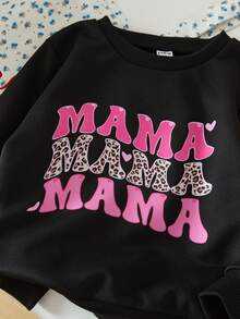 SHEIN Genkimix Kids Young Girls Casual Pink & Black Letter Slogan Print Long Sleeve Sweatshirt, Spring/Summer/Autumn/Winter - Black - View 6