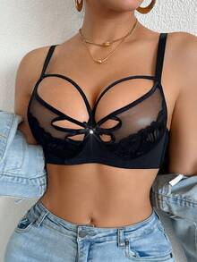 DesireSculpt 女士蕾丝撞色网纱钢圈文胸（1件装） - 黑色 - 查看 10