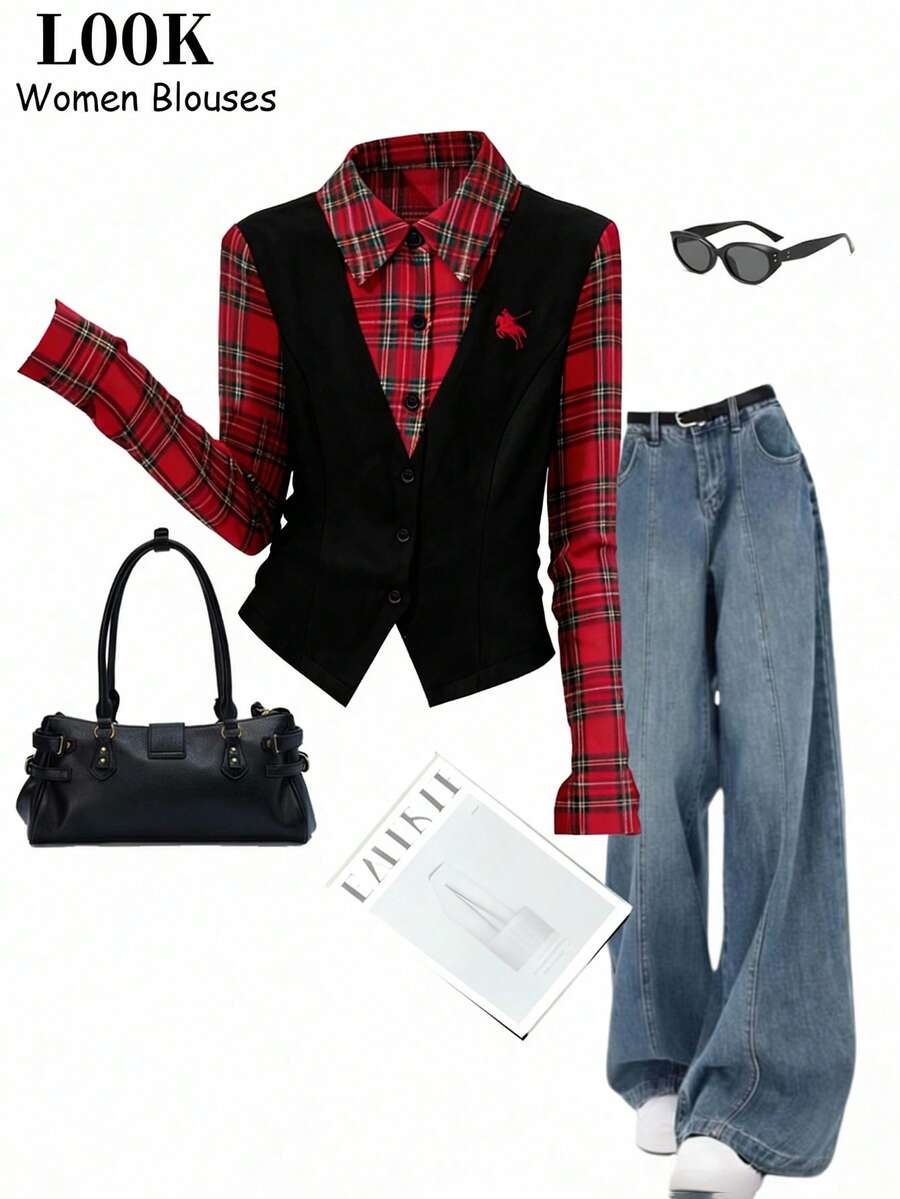 Franclia Red Plaid Contrast Black Embroidered Long Sleeve Shirt, Versatile For Casual, Commute, And Daily Wear - Black - View 1