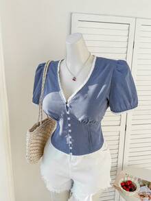 SHEIN EZwear 大码女式蕾丝边休闲短袖衬衫 - 彩色 - 查看 9