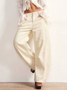 Bohemela 休闲宽松纯色梭织女裤，适合春季、夏季、波西米亚风、度假、情人节、音乐节等场合。 - 杏色 - 查看 4