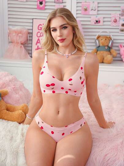 PetitDoll Conjunto de lencería cómoda, transpirable y con estampado de cerezas para mujer