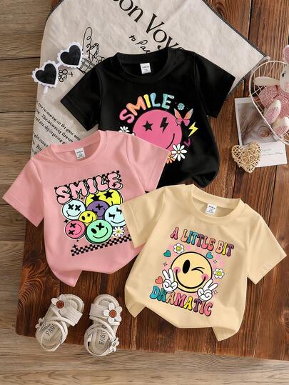 3pcs/Set Baby Girl Unisex Infant Toddler Short Sleeve Knit Crew Neck T-Shirts, Casual Cute Face Pattern, Black/Beige/Pink, 6 Months - 3 Years, Suitable For Spring/Summer