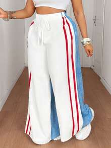 Maweii Pantaloni largi pentru femei, mărime plus, casual, pentru festivaluri de muzică, de zi cu zi, versatil, cu imprimeu în culori contrastante, material textil de înaltă calitate, culoare solidă, casual, pentru navetiști - Multicolor - Vizualizare 5