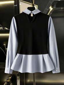 GlowEve CURVE Regalyn Plus Size Women's Colorblock Striped Long Sleeve Fashionable 2-In-1 Blouse Preppy Tops Striped Blouse - Multicolor - View 2