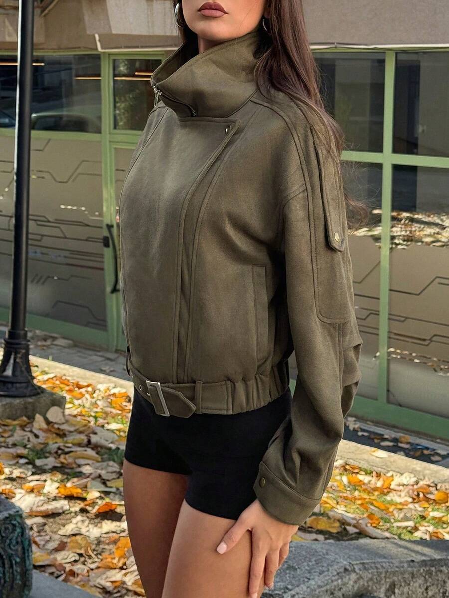 TRNVIE Women's Casual Retro Street Suede Jacket - Olive Green - View 1