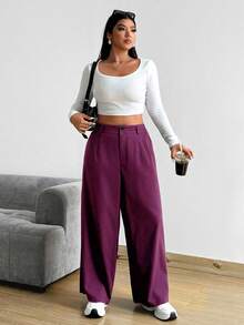 Vionelle 大码宽松直筒裤，带口袋，纯色 - 玫紅色 - 查看 7