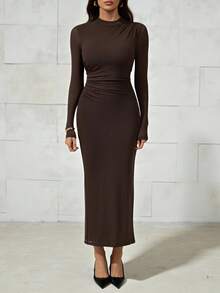 SHEIN Tall Damen Kaffeefarbe Langarm Lässig Kleid, geeignet für urbane Pendler, Geschäft, elegante Party, Halloween, Weihnachten - Braun - Übersicht 1