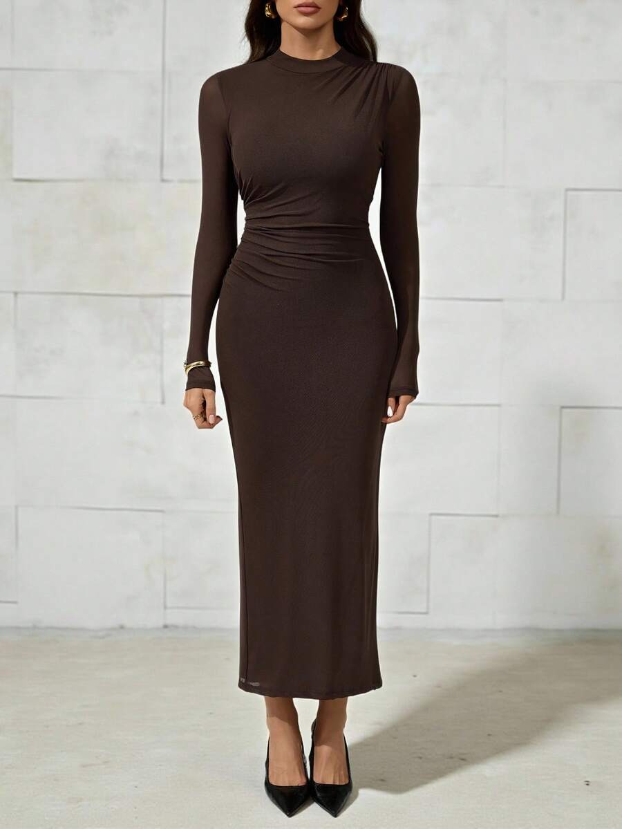 SHEIN Tall Damen Kaffeefarbe Langarm Lässig Kleid, geeignet für urbane Pendler, Geschäft, elegante Party, Halloween, Weihnachten - Braun - Übersicht 1