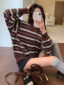 DAZY Women's Loose Fit Polo Collar Striped Sweater, Elegant And High-Quality - Brown - View 7