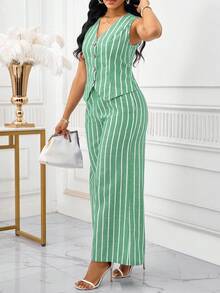 SHEIN Lady Blue And White Striped Fabric Women's Elegant Sleeveless Vest And Pants Suit Set, Business Commute Style, Summer Women Two Pieces Outfits Women Two Pieces Outfits Women Vacation Outfit Sets Pant Suit Summer Sets Women 2 Piece Sets Summer - Green - View 5