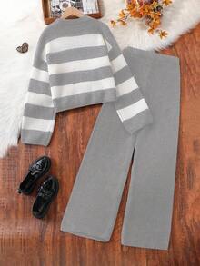 2 pièces Ensemble pull tricoté à manches longues rayé décontracté et pantalon ample taille haute, coupe ajustée et style navetteur - Gris - Voir 2