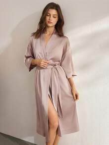 Ocili Comfortable Silky Satin-Like Soft Mid-Sleeve Robe With Tie, Women Sleepwear - Khaki - View 8