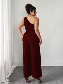 Elenzga 大码夏季时尚法式复古浪漫不对称肩部3D花卉连体裤 - 酒紅色 - 查看 2