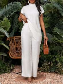 SHEIN Lady 大码女式纯色立领不对称下摆衬衫和阔腿裤休闲两件套 - 白色 - 查看 3