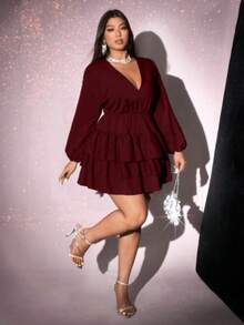 Viva Relle Plus Size Solid Color V-Neck Ruffle Hem Elegant Long Sleeve Dress,Valentine - Burgundy - View 4