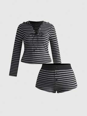 Plus Size Women American Style Black & Gray Striped Eyelet Lace-Up Hoodie And Shorts Casual Set