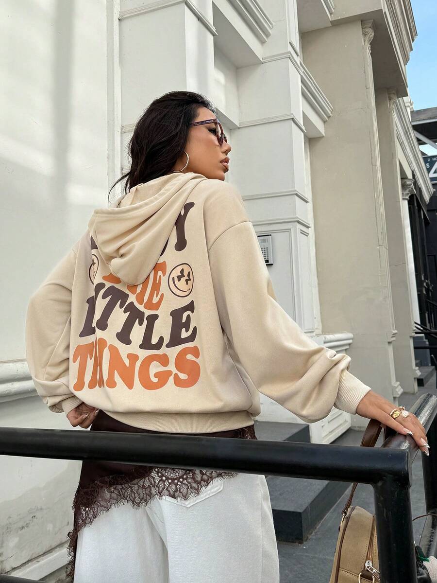 SHEIN EZwear Casual Minimalist "Enjoy" Graphic Print Loose Fit Hoodie Sweatshirt For Women - Khaki - View 1