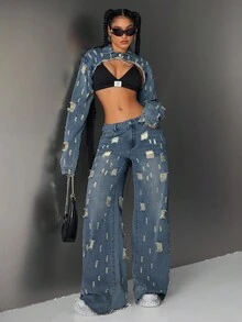 Jeanoix Women's Lapel Distressed Design Super Short Fashionable Versatile Vacation Long Sleeve Denim Jacket Y2k Clothes Women Tops Jeans Top - Blue - View 4