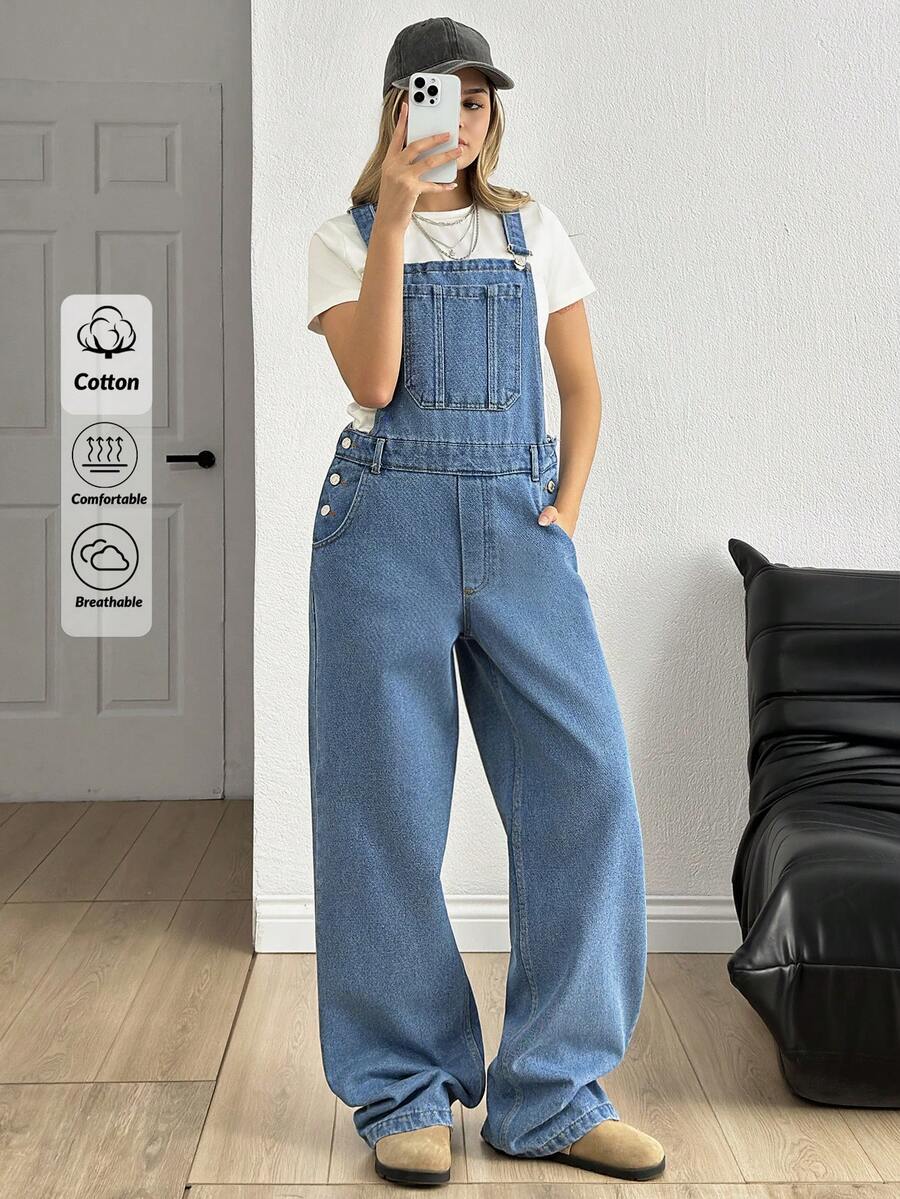 SHEIN Pocket Front Button Side Denim Overalls - Medium Wash - View 1