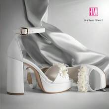 Zapatos de Novia Blancos Tacón Alto Elegantes Modernos Cómodos con Flores - Blanco - Ver 2