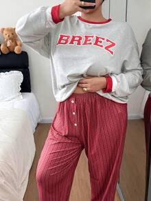 Dream Adore Plus Size Letter Print Contrast Color Casual Pajama Set - Multicolor - View 5