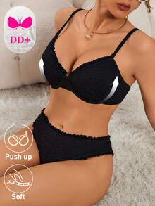 Swim DD+ Women's Solid Color Ruffle Trim Swimsuit Set, Spring/Summer - Black - View 7