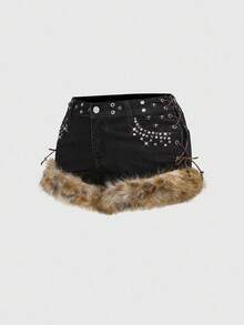 ROMWE Grunge Punk Y2K 前卫骷髅铆钉毛边大码迷你牛仔短裤 - 黑色 - 查看 5