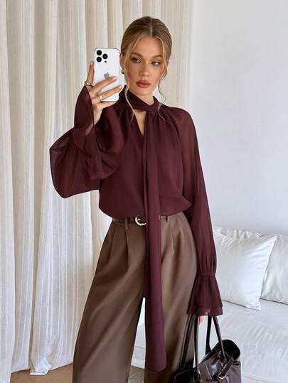 Siren Gaze 女士纯色简约长袖雪纺衬衫，日常穿着