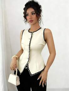 SHEIN Elenzya Áo hai dây cổ tròn thắt eo thanh lịch dành cho nữ, phù hợp cho mùa xuân, hè, thu - Màu be - Xem 5