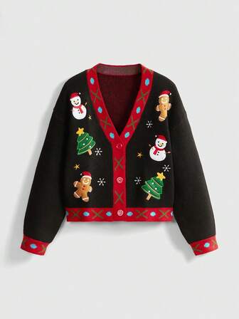 Women's Cardigan Christmas Gingerbread Man & Snowman Embroidered Contrast Color Knit Sweater