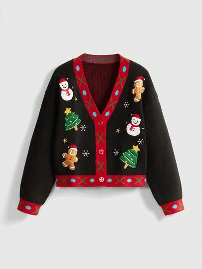 ROMWE Women's Cardigan Christmas Gingerbread Man & Snowman Embroidered Contrast Color Knit Sweater
