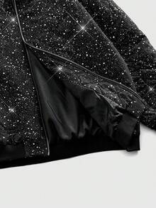 ROMWE MEN Street Life Men's Shiny Zipper Front Casual Hooded Winter Jacket - Black - View 6