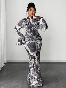 Maweii 复古美式图案印花弹力修身性感大码高领网纱连衣裙 - 灰色 - 查看 1