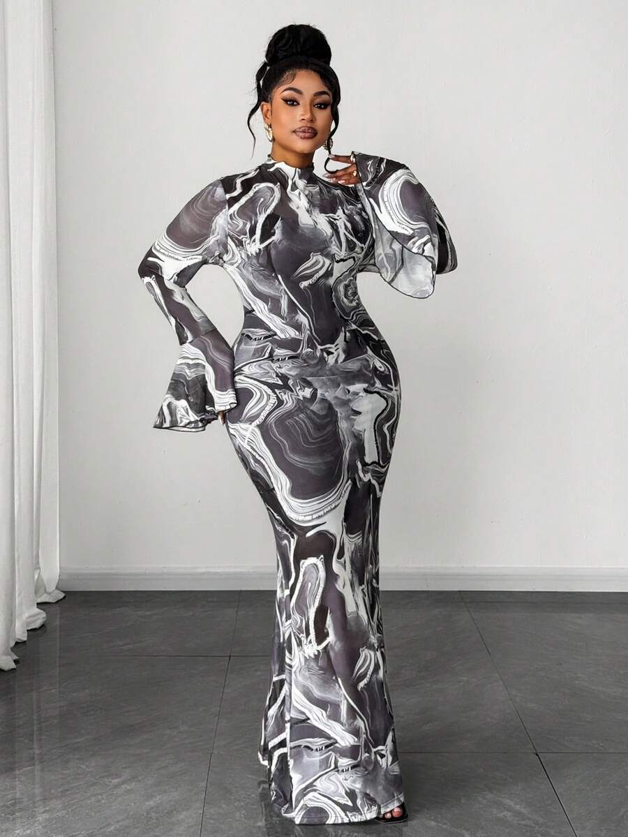 Maweii 复古美式图案印花弹力修身性感大码高领网纱连衣裙 - 灰色 - 查看 1