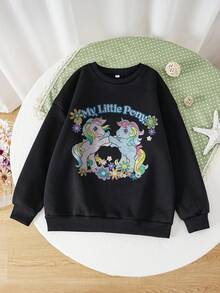 My Little Pony X SHEIN Tween Girl Casual Pattern Long Sleeve Crew Neck Sweatshirt, Suitable For Autumn/Winter - Black - View 7