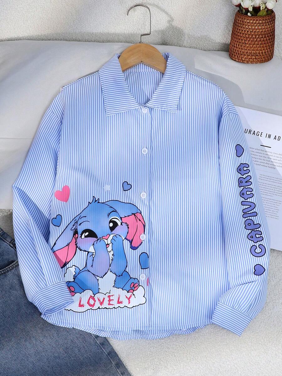 SHEIN 女童卡通人物字母印花长袖立领衬衫，适合外出、上学和通勤。 - 藍色 - 查看 1