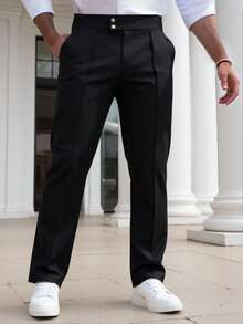 Manfinity Homme Men's Solid Color High Waist Pocket Casual Office Commute Suit Pants For Ceremony - Black - View 3