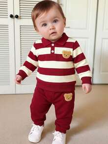 0-3岁男/女婴通用春秋季杏色条纹领长袖上衣搭配纯红色裤子套装，适合外出、家庭聚会、节日和休闲散步。