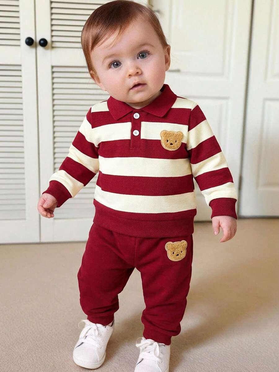 0-3岁男/女婴通用春秋季杏色条纹领长袖上衣搭配纯红色裤子套装，适合外出、家庭聚会、节日和休闲散步。