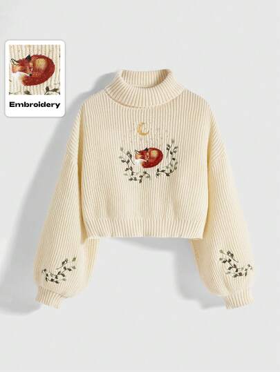 Fairycore Plus Size Women's Mori Style Fox Embroidered Floral Sweater, Beige